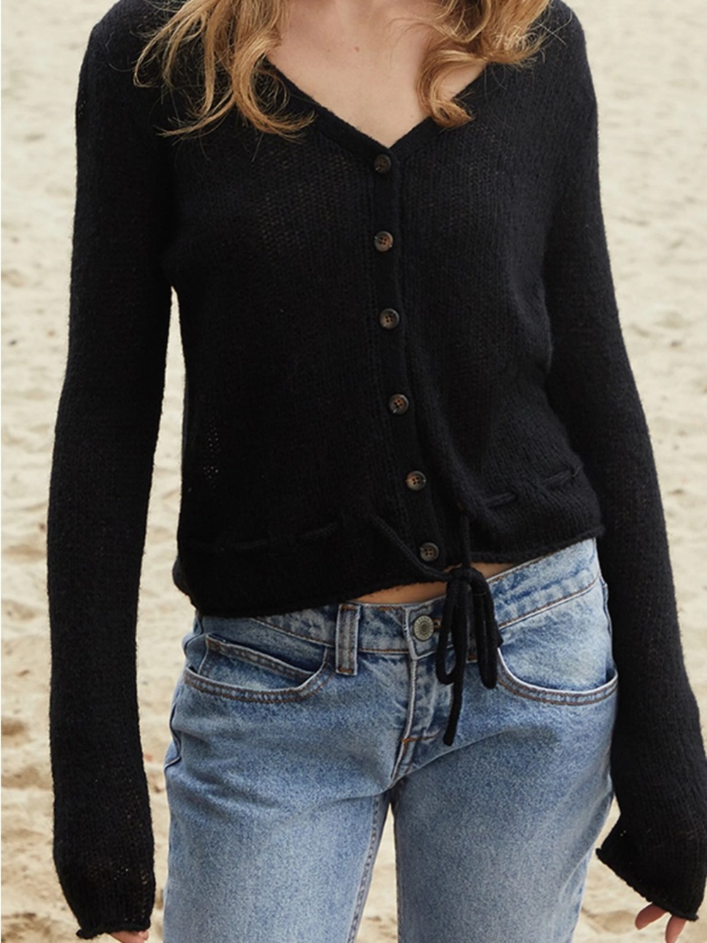 John Galt Black Button Front Tie Cardigan